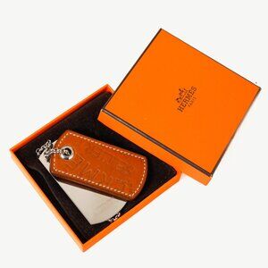 Hermes Palladium & Debossed Fauve Leather Dog Tag Necklace
